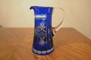 Vintage BAYEL France VINEYARD GRAPE Cobalt Blue Cut To Clear Crystal Pitcher 13" - Picture 1 of 6