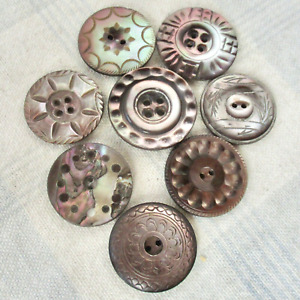 Assortment of 8 Vintage Carved Mother of Pearl Sew-Thru Buttons