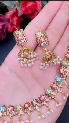 Conjunto de brincos de colar Jadau multicolorido conjunto de presente de joias de casamento indiano - Imagem 1 de 4