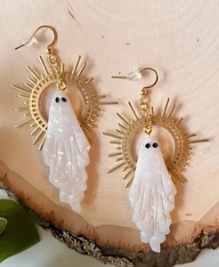 Iridescent Ghost With Golden Sunburst Dangle Earrings - Picture 1 of 3