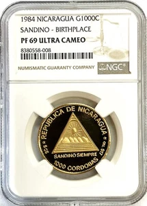 1984 GOLD NICARAGUA 1000 CORDOBAS SANDINO COIN NGC PROOF 69 UC 1000 MINTED - Picture 1 of 2