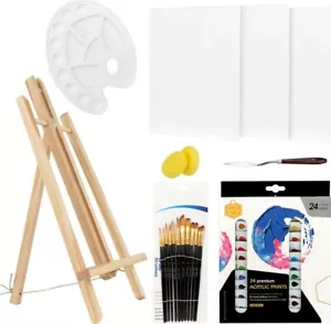 45 Pcs Art Canvas Acrylic Painting Kit 3Pcs Canvases 24 Paints with Wood Easel - Picture 1 of 7