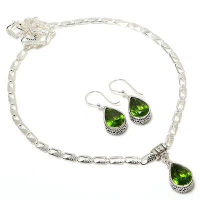 Peridot 925 Silver Plated Handmade Necklace & Earrings Set of 18" - Image 1 of 3