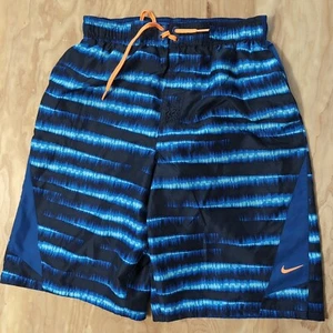 Nike Water Swim Trunks Board Shorts Uomo Sm Blu Nero Righe Coulisse 26x11 - Foto 1 di 6