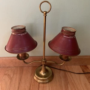 Vintage Tole Ware tin Metal 2 candle Lamp Double Arm pair Maroon 17.25” - Picture 1 of 11