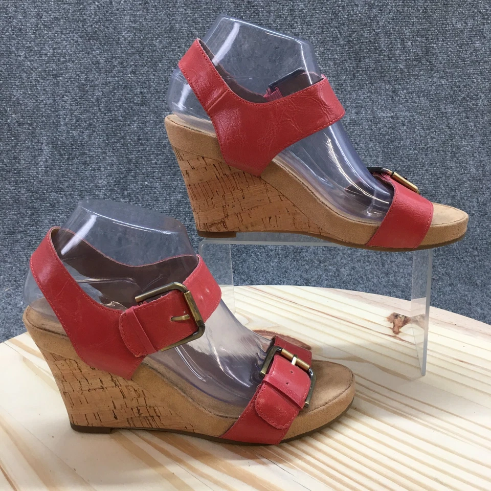 Sandalias Aerosoles 8 M Mega Felpa Cuña Hebilla Cordones Rojo Marrón Imitación Cuero Foto 1 de 4