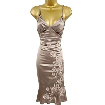 Karen Millen 10 UK Vintage Champagne Silk Tulip Embroidered Wiggle Flare Dress - Image 1 of 4
