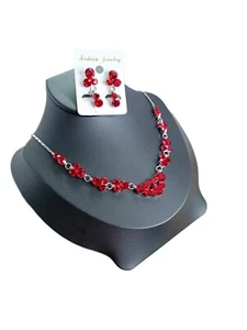 KETTE  Statement Colier Rot/Silberfarben Strass inkl. Ohrringe Modeschmuck  - Bild 1 von 3