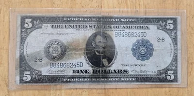 1914 $5 FRN, Five Dollars Federal Reserve Note, large size horse blanket - Image 1 of 4