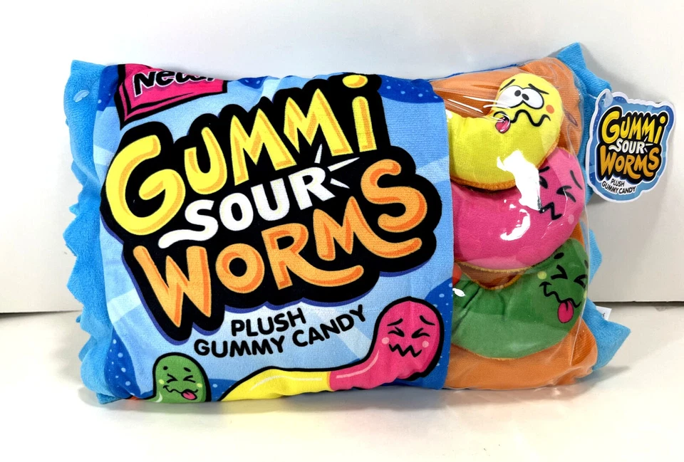 New GUMMI SOUR WORMS Plush Gummy Candy 11" x 8" PILLOW Toy Fun Holiday Gift - Image 1 of 1