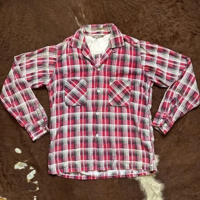 Vintage 50s Penneys TopFlight Loop Collar Printed Flannel Shirt SMALL WORN - Image 1 of 4