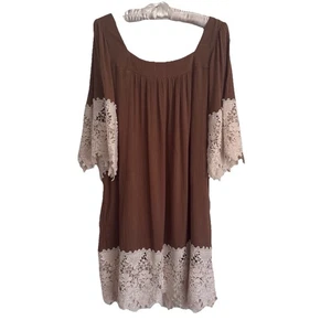 Womens Umgee A7797 Brown with Ivory Crochet Trim BOHO Cottagecore Tunic Dress M - Picture 1 of 11