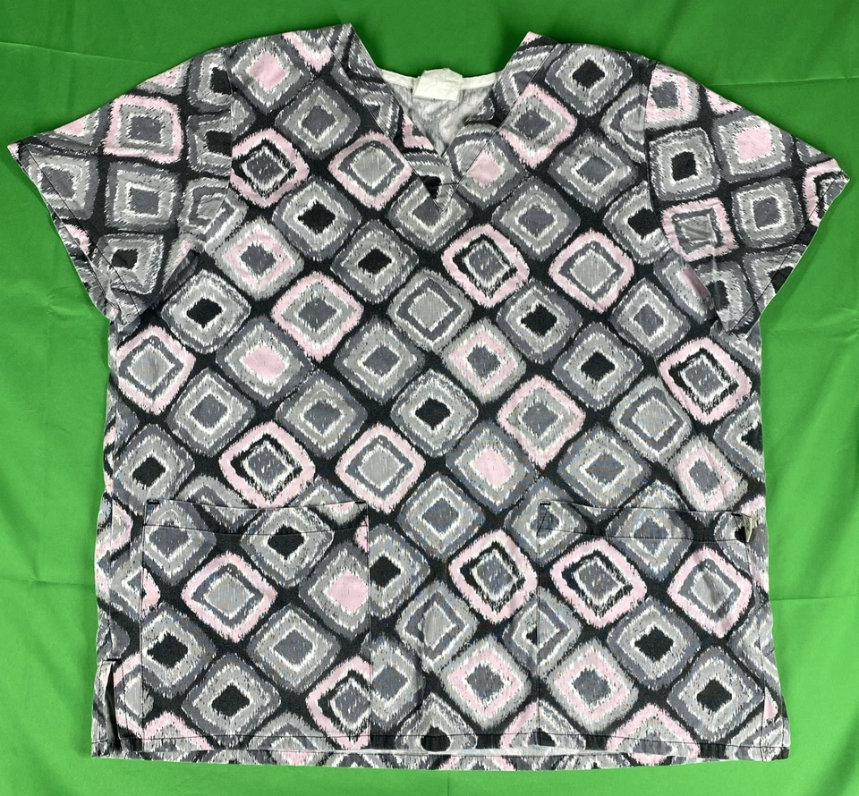 Large Square Patterned Black, White, Gray & Pink Tafford Scrub Top - Image 1 of 4