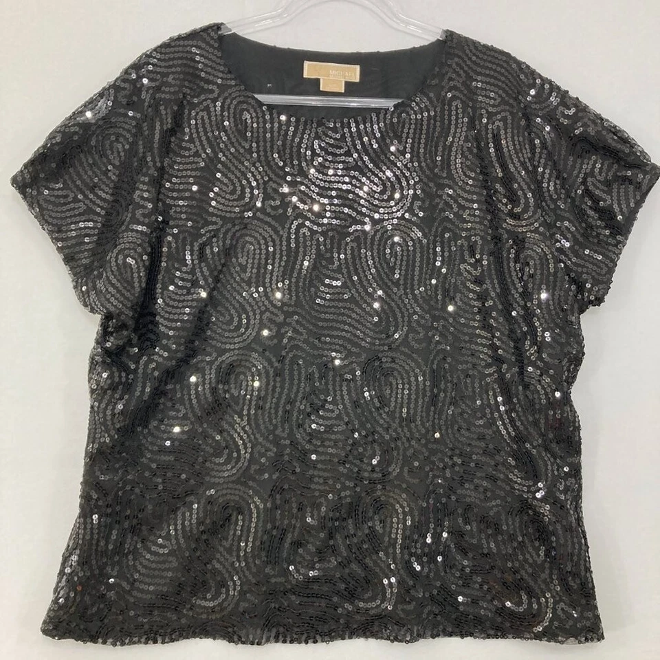Top de noche Michael Michael Kors talla XL negro lentejuelas manga corta cuello redondo Foto 1 de 4