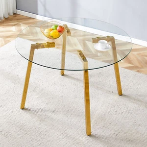 Modern Luxurious Round Tempered Glass Dining Table with Gold 7-Shaped Metal Legs - Picture 1 of 11