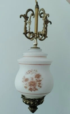Floral Pattern Brass And Frosted Glass Hanging Light - Image 1 of 4
