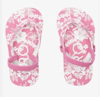 Chanclas ROXY para niñas pequeñas 10 suela Eva rosa temática hawaiana resort de playa nuevas sin caja Foto 1 de 2