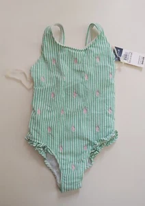 NWT Ralph Lauren Polo Girls Seersucker Swimsuits 4 Green Multi Pony - Picture 1 of 5