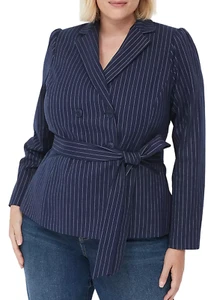 LANE BRYANT MARINEBLAUER NADELSTREIFEN PUFFÄRMEL ZWEIREIHIGER BLAZER JACKE GRÖSSE 20 - Bild 1 von 9