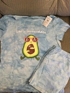 New Girls Pajama Set, “Let’s Avocuddle” Blue Tie Dye, T-shirt & Shorts, Size 16 - Picture 1 of 5