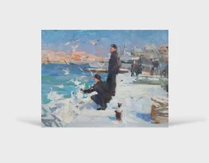 Oil painting On pier Ukrainian painter cardboard original seascape genre art - Picture 1 of 6