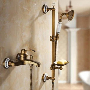 Antique Brass Bathtub Mixer Tap Wall Mount Handheld Rain Shower Head Faucet Set - Picture 1 of 3