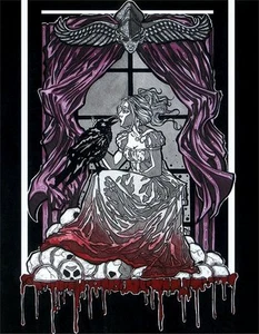 Gothic Lenore and Raven with Skulls Bust of Pallas FANTASY ART canvas print - Picture 1 of 1