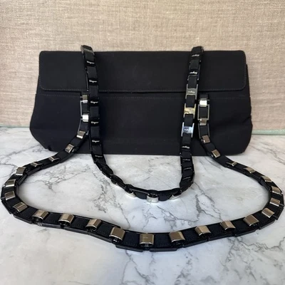 VTG Salvatore Ferragamo Vara Chain Shoulder Bag Black Nylon Baguette Shape - Image 1 of 4