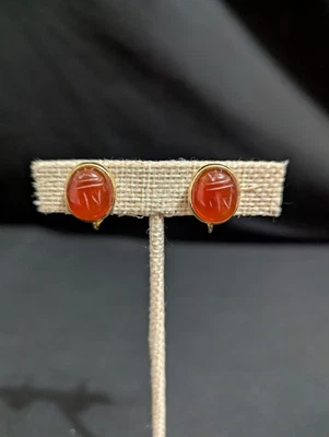 Vintage Retro Style Revival Carnelian  Gold Tone Clip On Earrings - Image 1 of 4