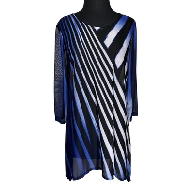 Chico’s Travelers Rhapsody Mesh Tunic Top Blue Sheer Sz L Packable Sheer Travel - Image 1 of 4