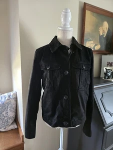 Lauren Ralph Lauren Medium Womens Black Cotton Denim Jean Jacket Corduroy Collar - Picture 1 of 6