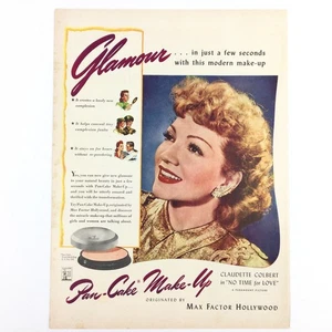 Max Factor 1943 VINTAGE PRINT AD Hollywood Pan Cake Make Up Claudette Colbert - Picture 1 of 2