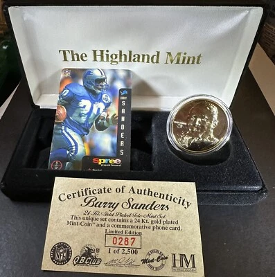 BARRY SANDERS Highland 完好 24 克拉镀金完好硬币和电话卡 #287 正品证书 — 第 1/3 张图片