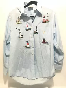 Tia Designs Blue Pin Stripped Long Sleeve Lighthouse Patches Womens Size Small - Picture 1 of 9
