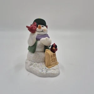 Snowman Red Cardinals Feeding Bird Seed Christmas Tree Holiday Ornament Hallmark - Picture 1 of 6