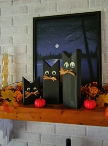 Halloween Wooden Cats Black Handmade Solid Wood Set Of 3 Fall Decor Fall New - Picture 1 of 6