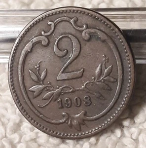1908 Austrian 2 Heller Coin ,KM2801 ~ Austria WW1 Heavily Circulated Bronze Coin - Picture 1 of 13