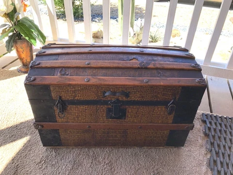 Antique 19th Century KAUFMANN & STRAUSS Alligator Dome Top Steamer Trunk Cover