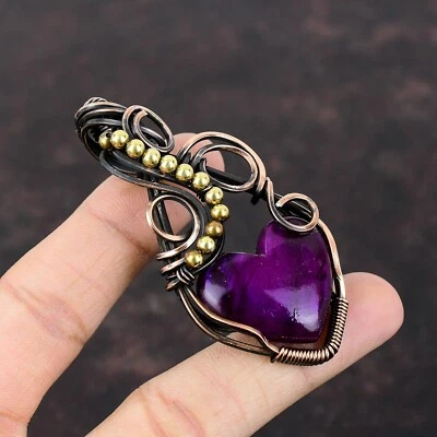 Gift For Her Purple Fire Labradorite Wire Wrapped Pendant Copper Jewelry 2.95" - Image 1 of 4