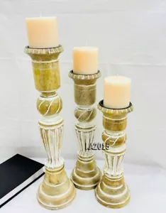 Antique Rustic Wooden Hand Carved , Natural Candle Stand (Set of 3) Round Design - Picture 1 of 8