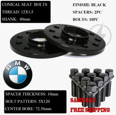 2PC FIT BMW 10mm HUB CENTRIC WHEEL SPACER CB72.56mm W/ 12X1.5 CONE SEAT LUG BOLT - Image 1 of 4