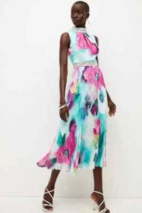 Beautiful Karen Millen pink/blue floral pleat diamante trim midi dress, 8, £299 - Picture 1 of 13