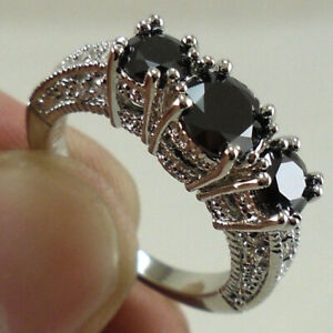 Black Three Stone Cubic Zirconia Silver Ring Engagement Wedding Cocktail Jewelry
