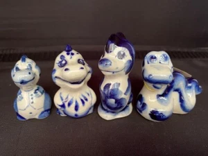 Set of 4 Vintage Russian Gzhel Porcelain Blue/White Mini Figurines Dragons - Picture 1 of 7