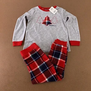 Eddie Bauer Kids XXS (3/4) Gray Red Plaid Holiday Tree 2 Piece Pajama Set NWT - Picture 1 of 11