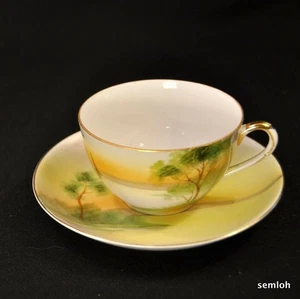 Nippon Cup & Saucer Rising Sun Tree in Meadow Yellow Green w/Gold 1911-1918 HTF - Picture 1 of 12