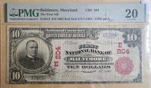 1902 Red Seal $10 National Bank Note FNB Baltimore Maryland 204 Fr 613 PMG VF20 - Picture 1 of 6