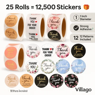 Thank You Stickers Bulk – 25 Rolls 12,500 Pcs, Wedding Gift & Envelope Seals - Image 1 of 4
