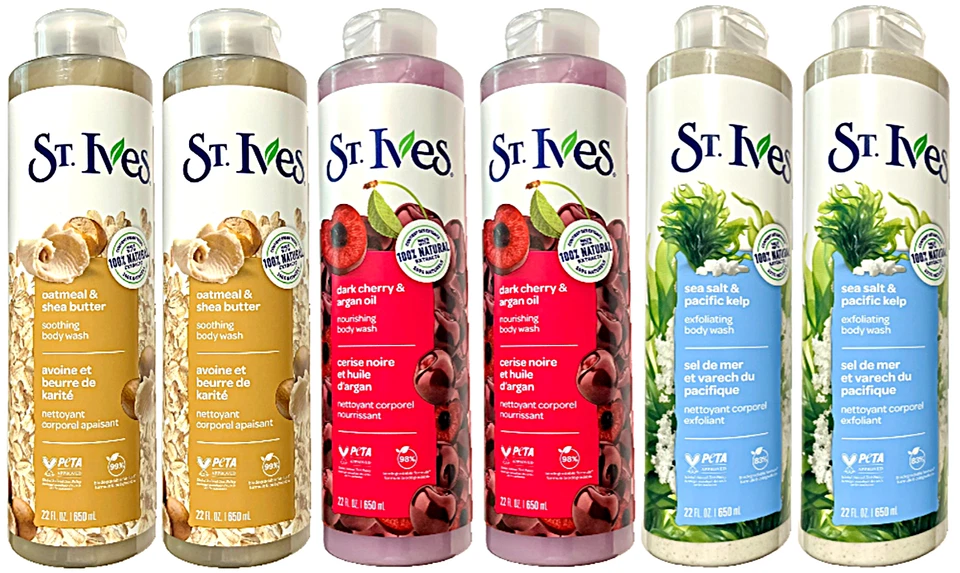 St. Ives Avena y Manteca de Karité, Cereza Oscura y Aceite de Argán, Sal Marina y Algas - Paquete de 6 Foto 1 de 2