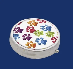 Pill Box Paw Print Metal 3 Sided Vitamins Prescriptions Purse Travel Dogs - Picture 1 of 2